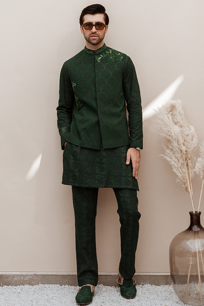 Green Waistcoat Designs Mehndi Kurta With Waistcoat Men's Green