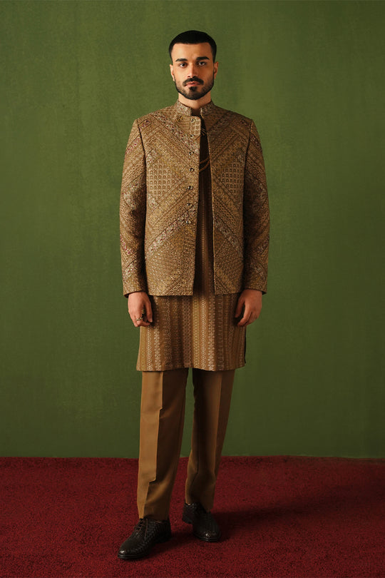 Republic By Omar Farooq | Luxury Rtw | Brown Embroidered Prince Coat main image 1