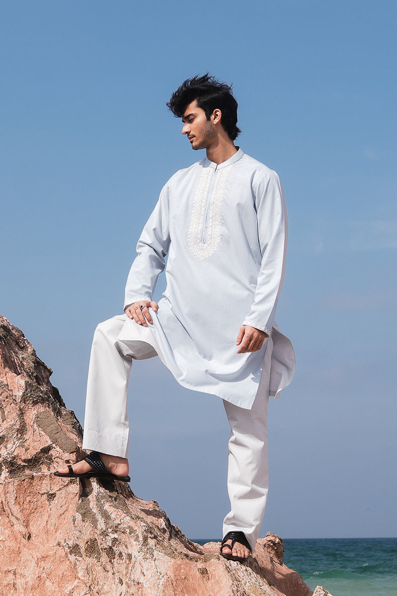 Shahjahan Fancy Men Kurta Pajama with Waistcoat - Blue on Off White