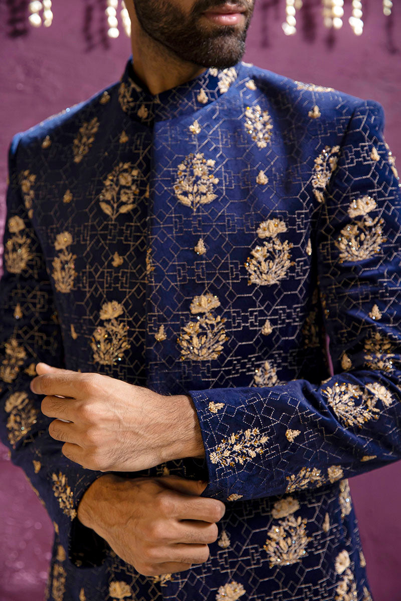 NAVY BLUE EMBROIDERED PRINCE COAT