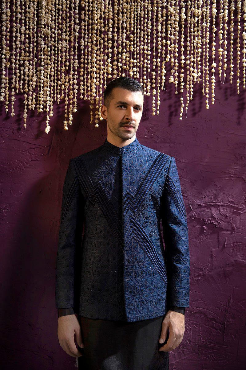 BLUE SELF EMBROIDERY PRINCE COAT