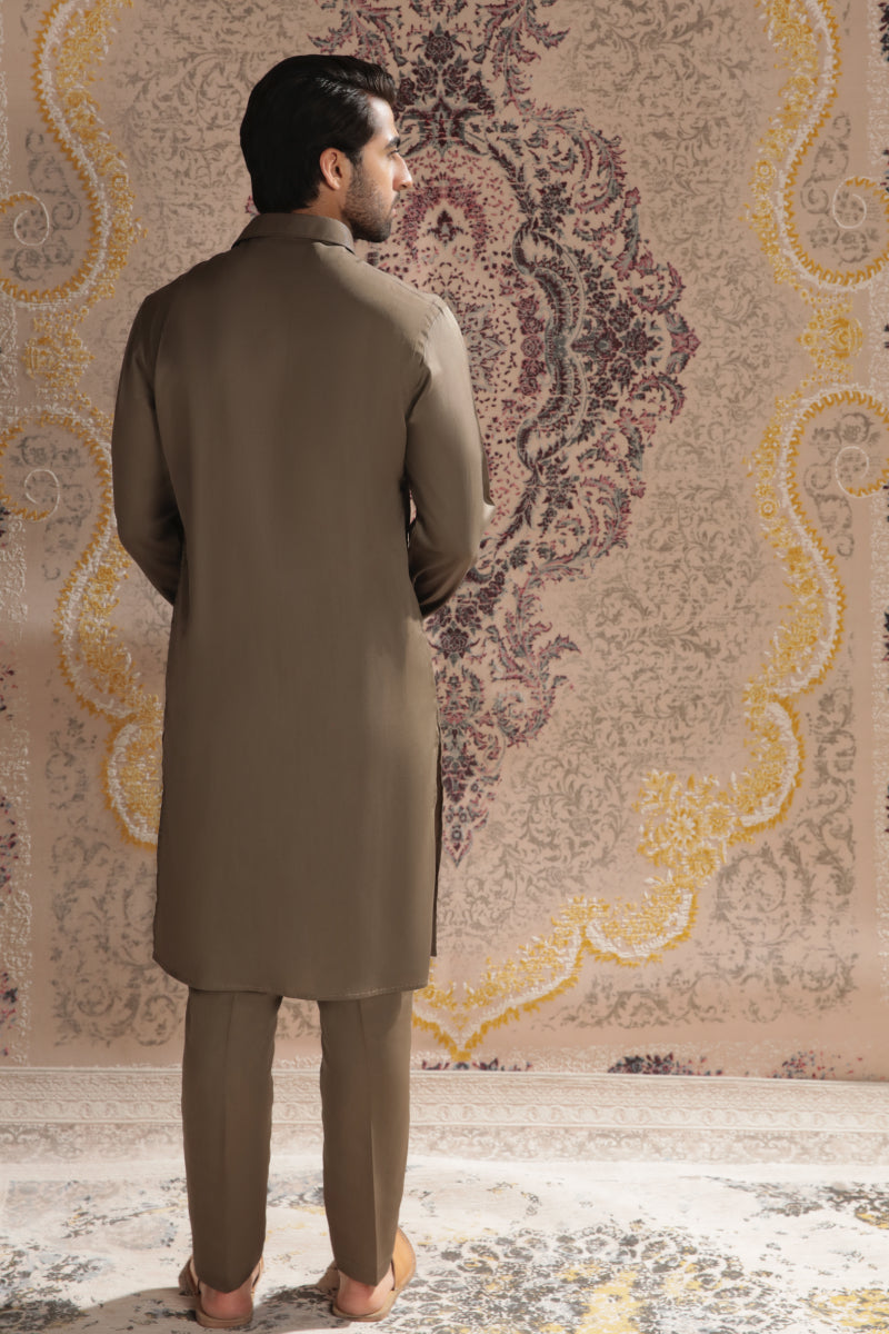 OLIVE GREEN LINEN KURTA AND TROUSERS